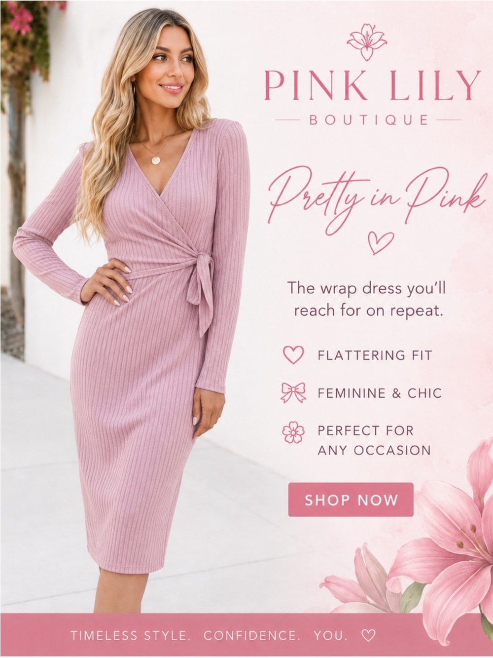 New ~ Pink Lily Ribbed Knit Wrap Around Look Dusty Rose Dress ~ Size XL